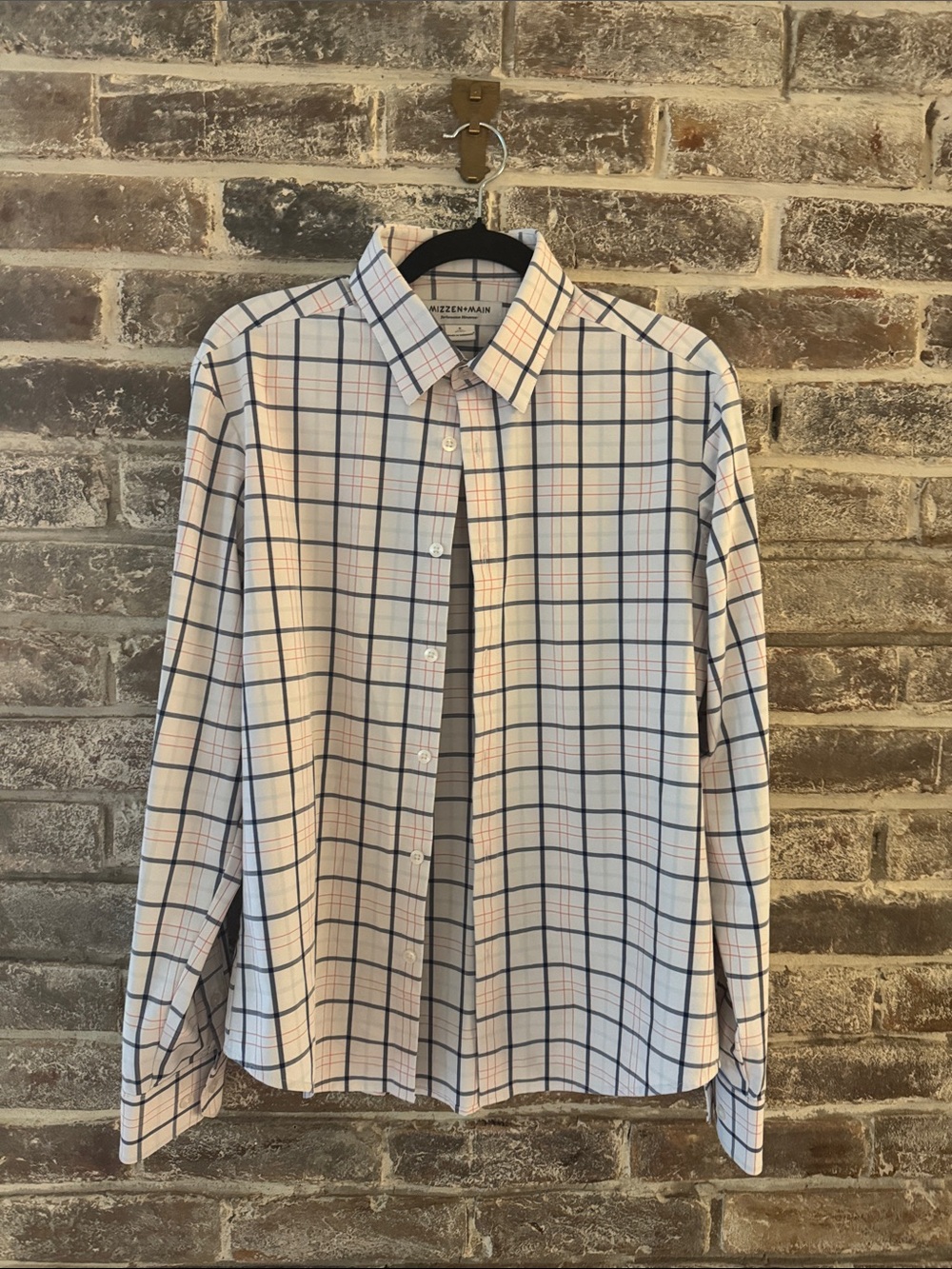 Mizzen+Main White Button-Down Shirt with Navy and Orange  Plaid